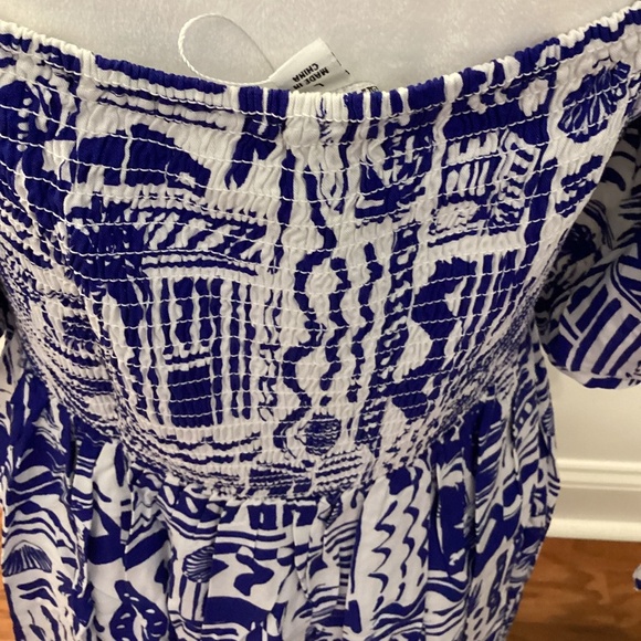 PUFF SLEEVE RESORT PRINT DRESS (Color: Blue/ White) - Picture 5 of 7